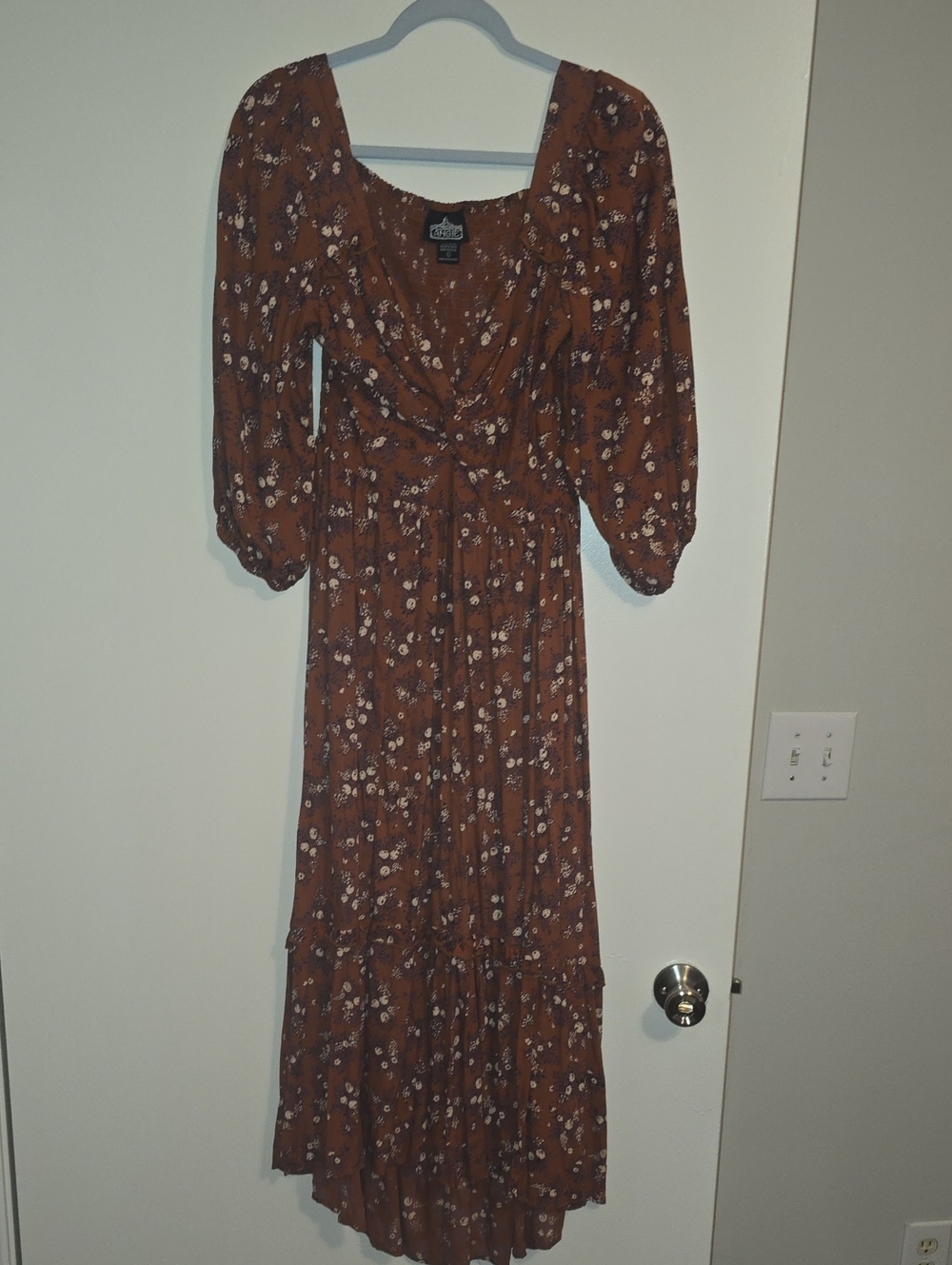 Angie Brown Floral Maxi Dress with Puff Sleeves